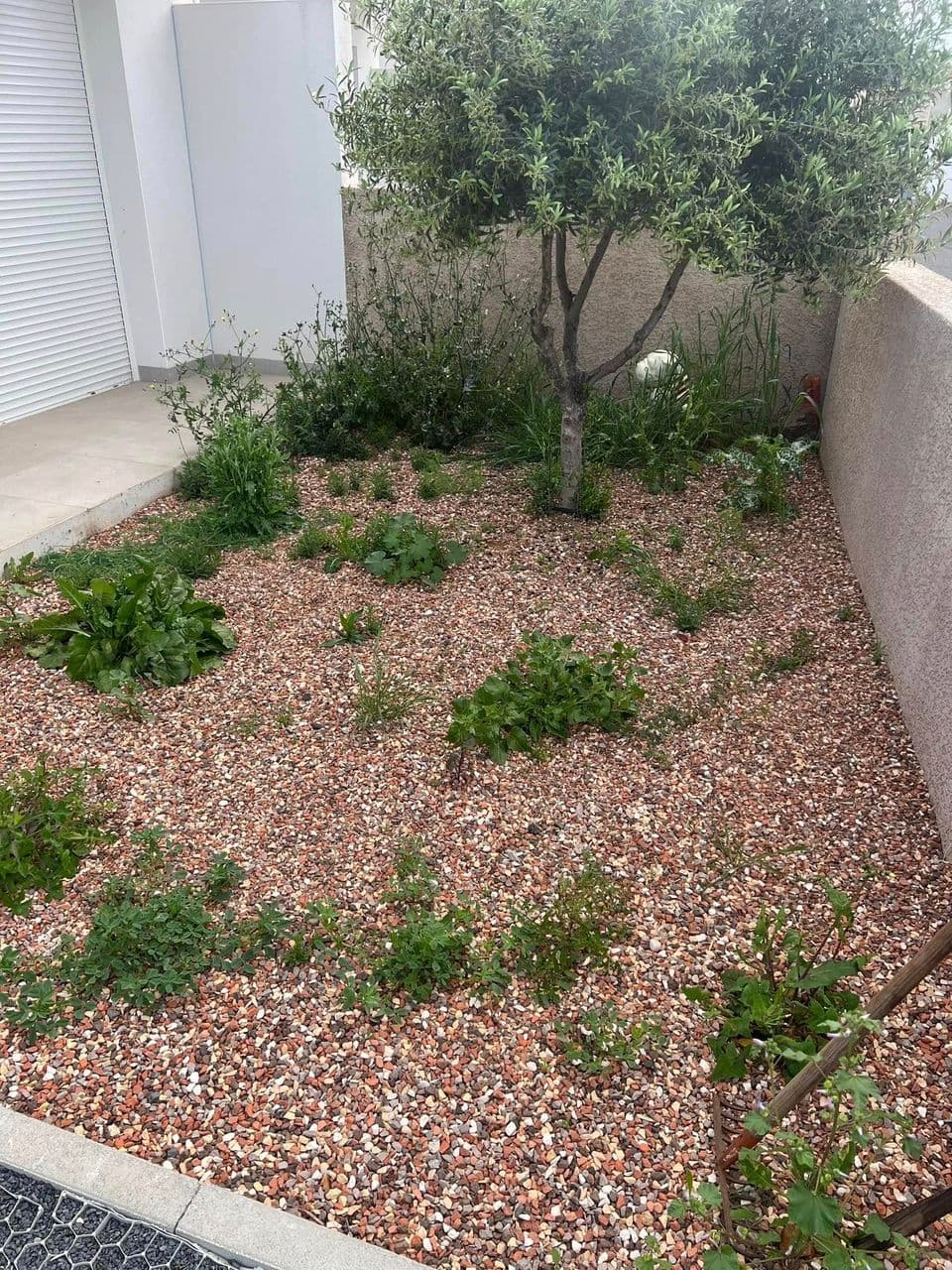 Entretien et débroussaillage de jardins et terrasses en gravier à Montpellier - avant - par Eco Clean Up 34 - Agde