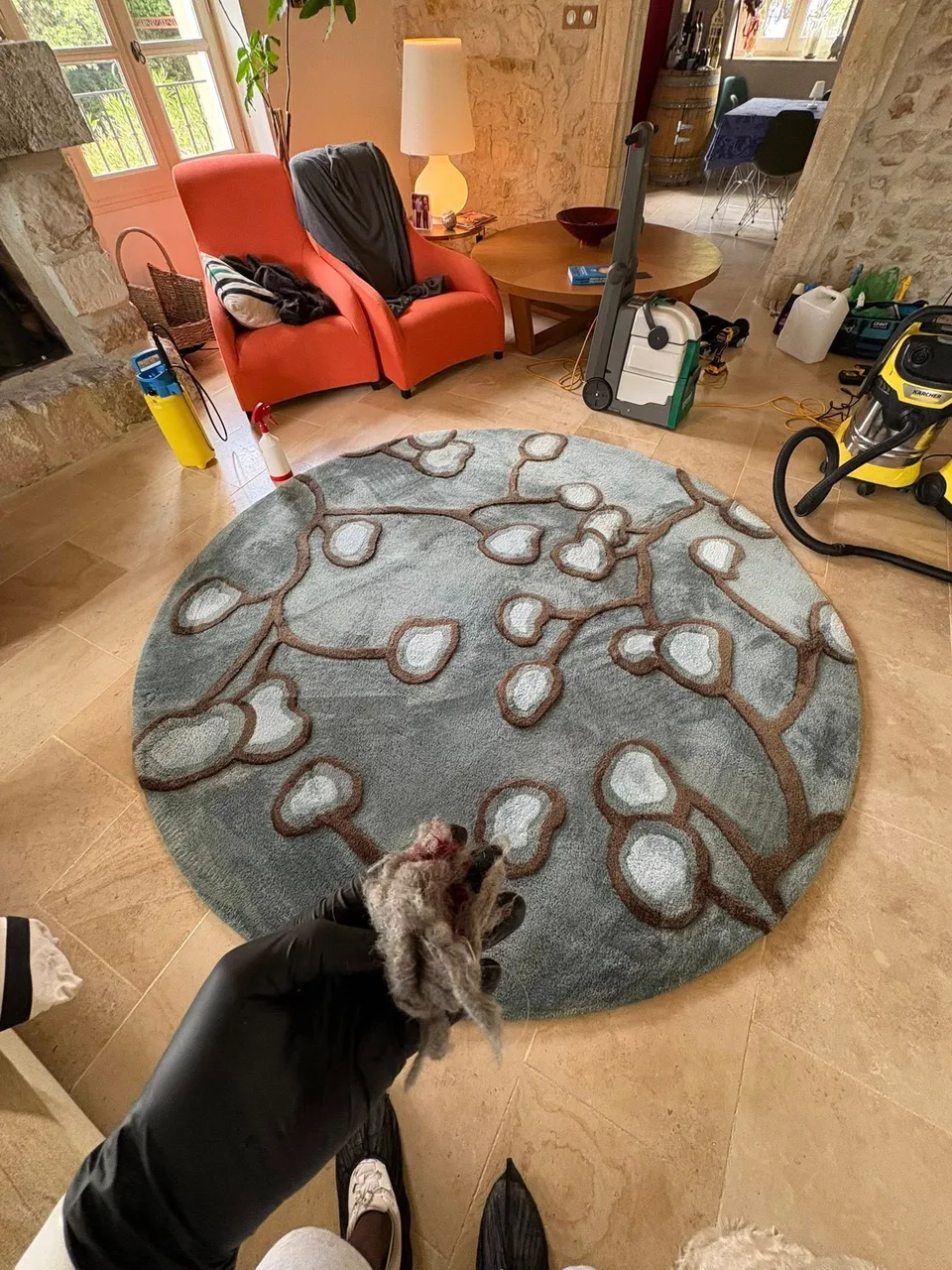 Résultat complet après notre intervention à Aniane pour ce nettoyage de mobilier textile - tapis - Eco Clean Up 34